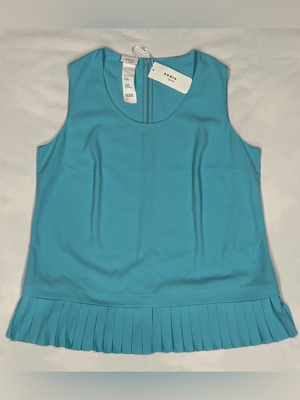 NWT Akris Punto Turquoise Pleated Hem Sleeveless Blouse Silk Trim Size 14 $595